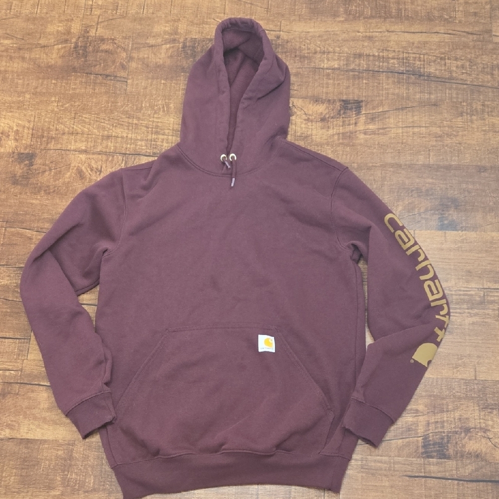 Carhartt Maroon Loose‎ Fit Hoodie Sweatshirt Logo Sleeve Workwear Streetwear
